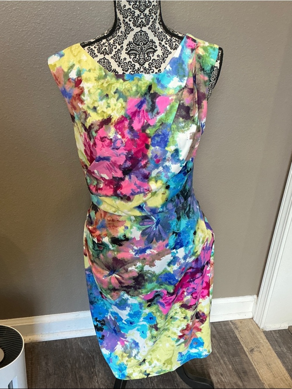 Suzi Chin for Maggy Boutique Bright Multicolor Floral Midi Dress Size 6